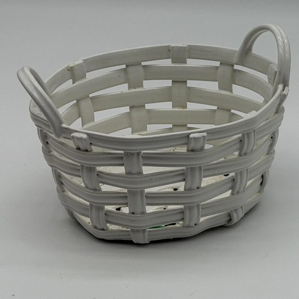 Vintage White Ceramic Lattice Woven Basket Bowl with Handles 9 Inch Oval Glazed